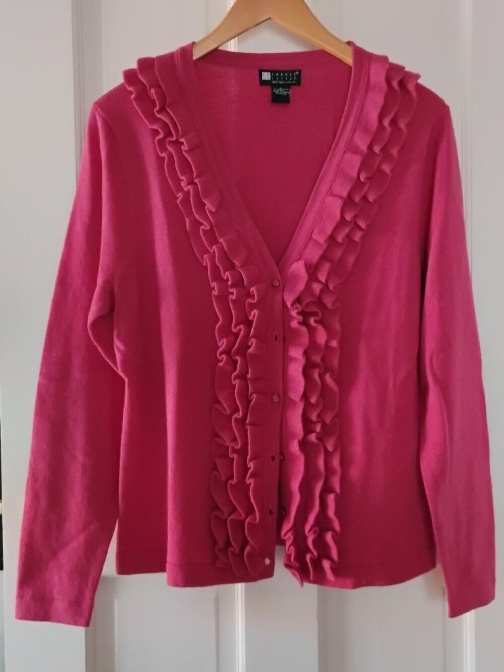 Carol Little Merino Wool Ruffled Front Dark Pink Cardigan Sweater Sz L